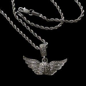Baseball Pendant Angel Wing Necklace Stainless Steel Rhinestone Rope Chain